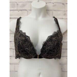 Cacique Plunge‎ Bra 44C Gold Black Lace Front Close Racerback Lined Underwire